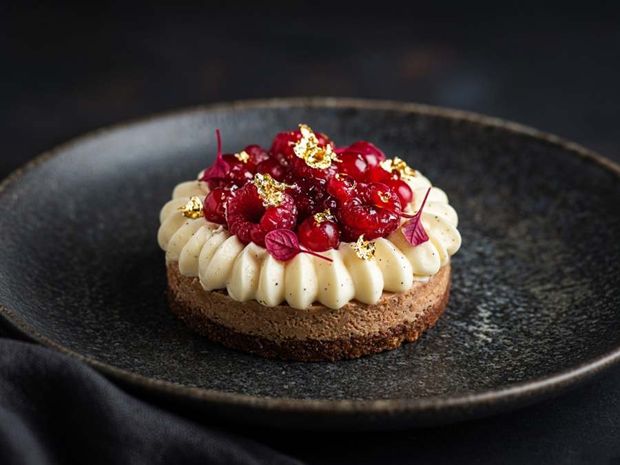 Dessert vanille, fruits rouges et feuille d'or